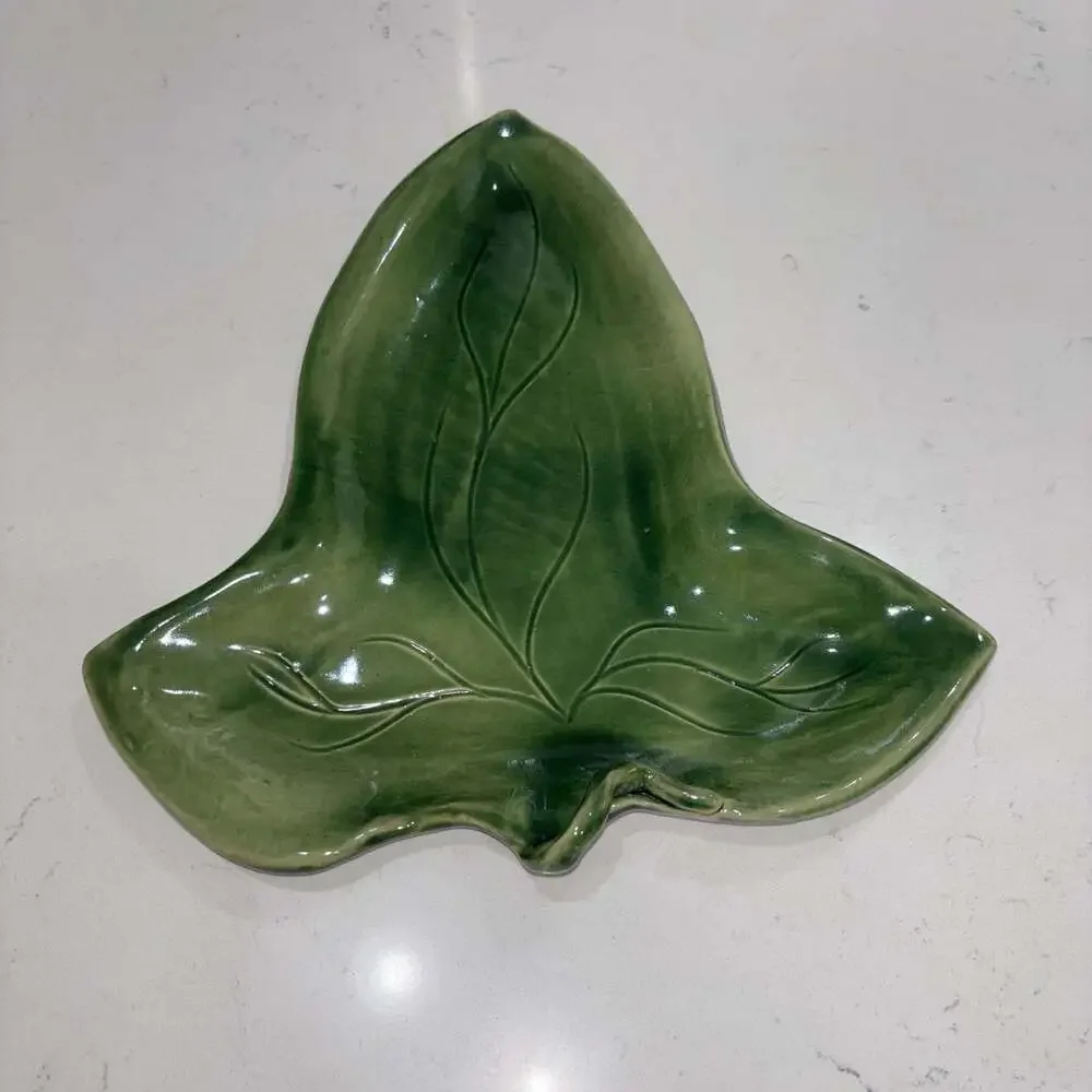 Vintage MCM Studio Pottery Green Ceramic Leaf Serving Tray